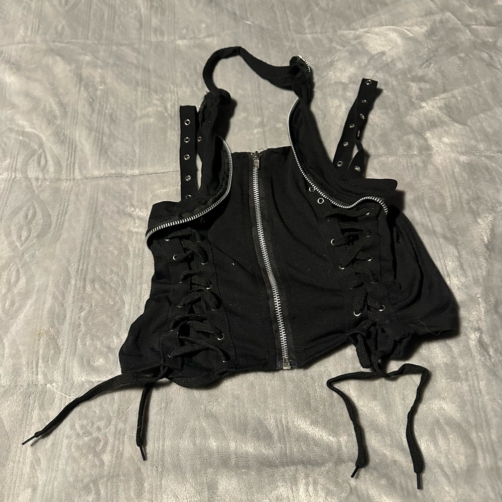 Black Zippered Lace-Up Women's Top